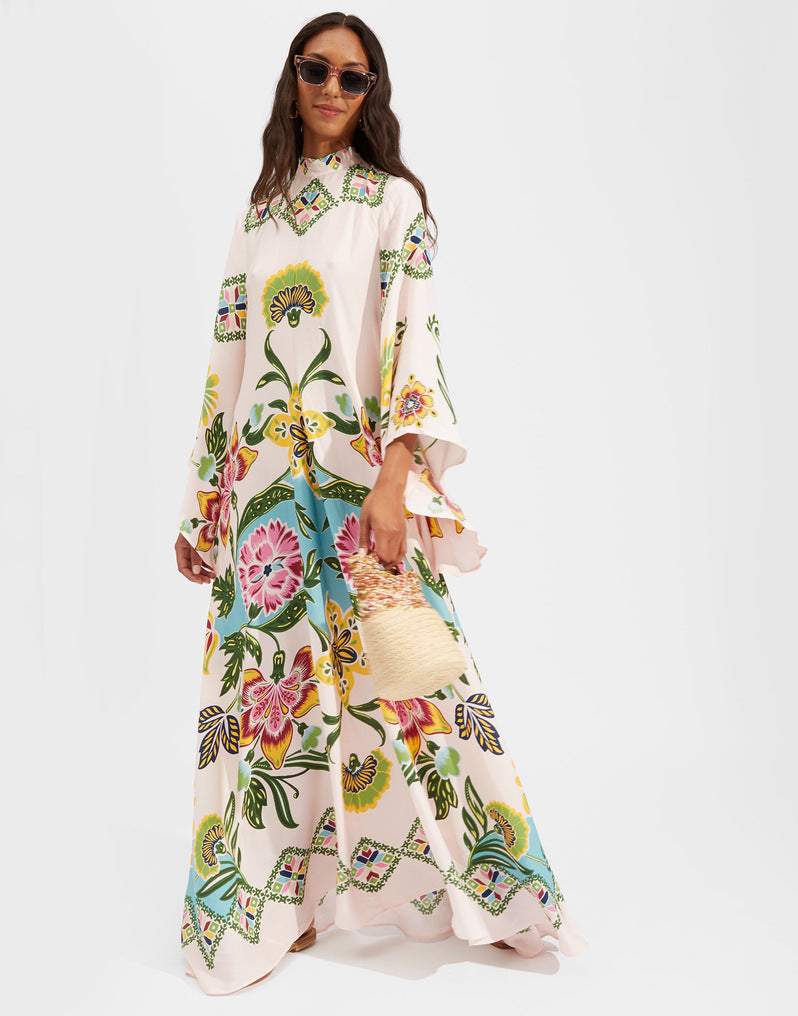 Gedrucktes Dreiviertelarm-Maxikleid mit 3D-Effekt