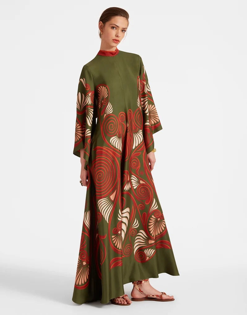 Gedrucktes Dreiviertelarm-Maxikleid mit 3D-Effekt