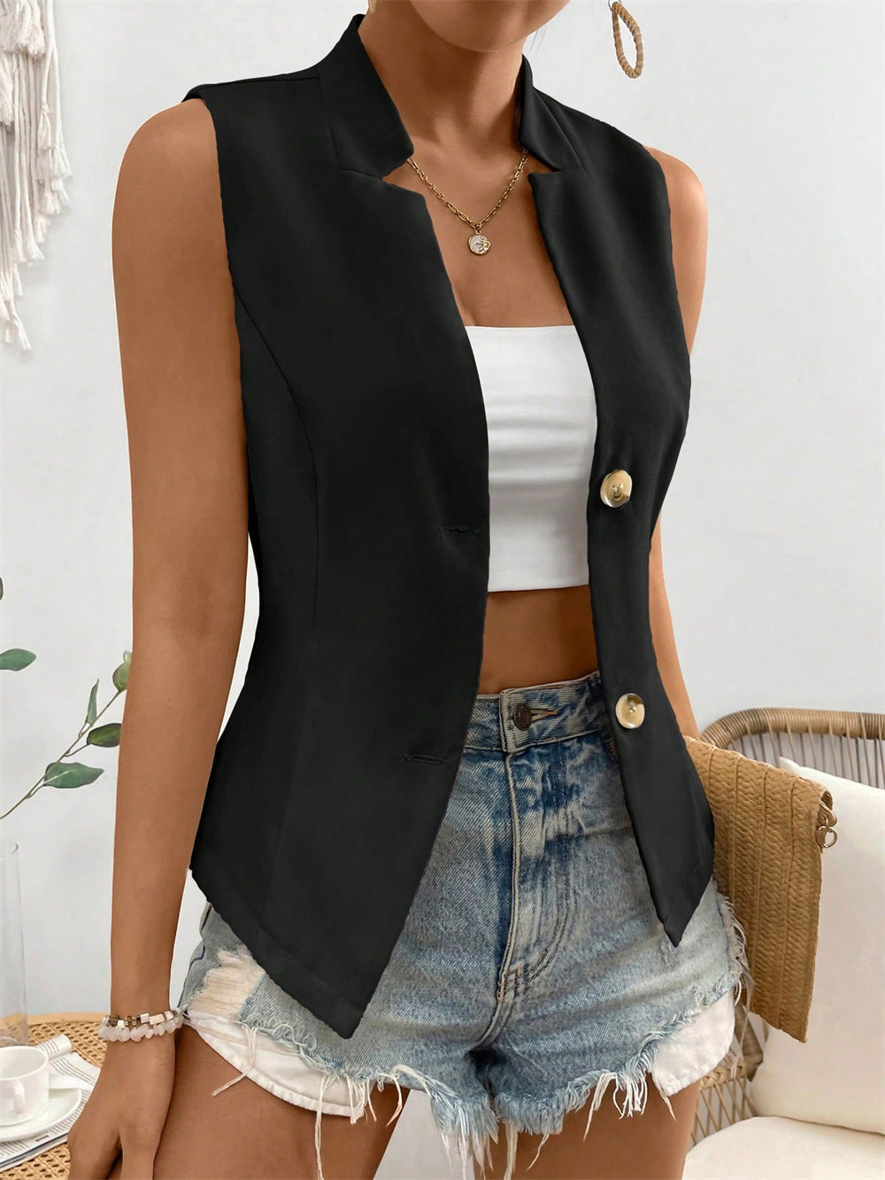 Damen Blazer Top ärmellos mit Knöpfen