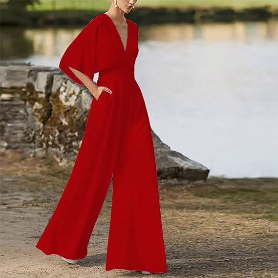 Eleganter V-Ausschnitt Jumpsuit mit weiten Beinen