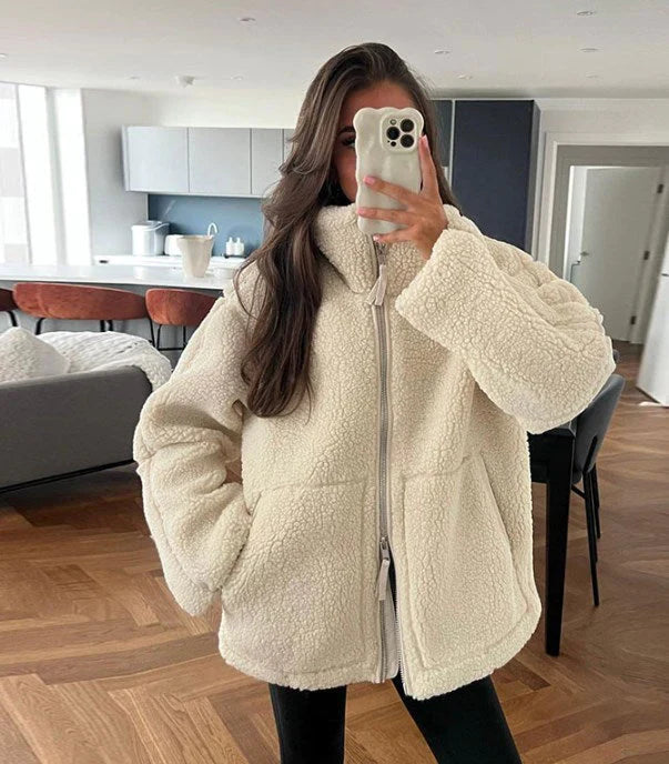 Damen Lammfelljacke - Übergröße, Winterjacke mit Reißverschluss