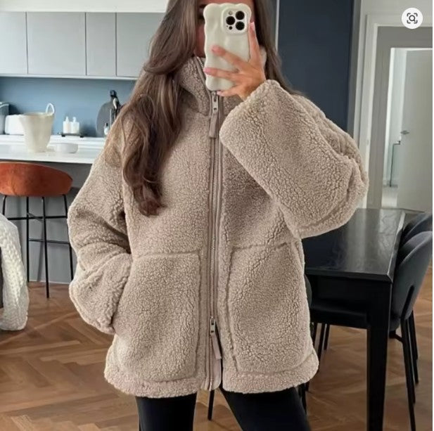 Damen Lammfelljacke - Übergröße, Winterjacke mit Reißverschluss
