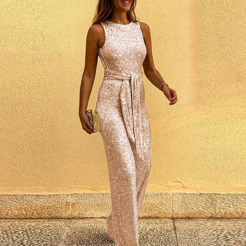Glitzer Jumpsuit Damen - Einfarbiger Pailletten Overall