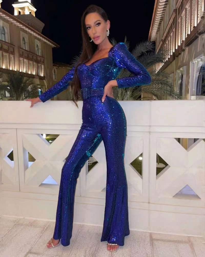 Pailletten-Jumpsuit mit Langarm