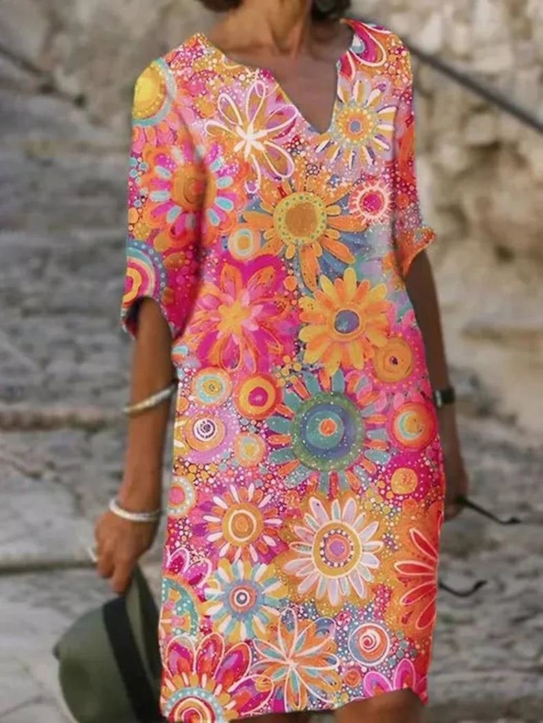 Baumwoll-Blumenkleid Damen V-Ausschnitt