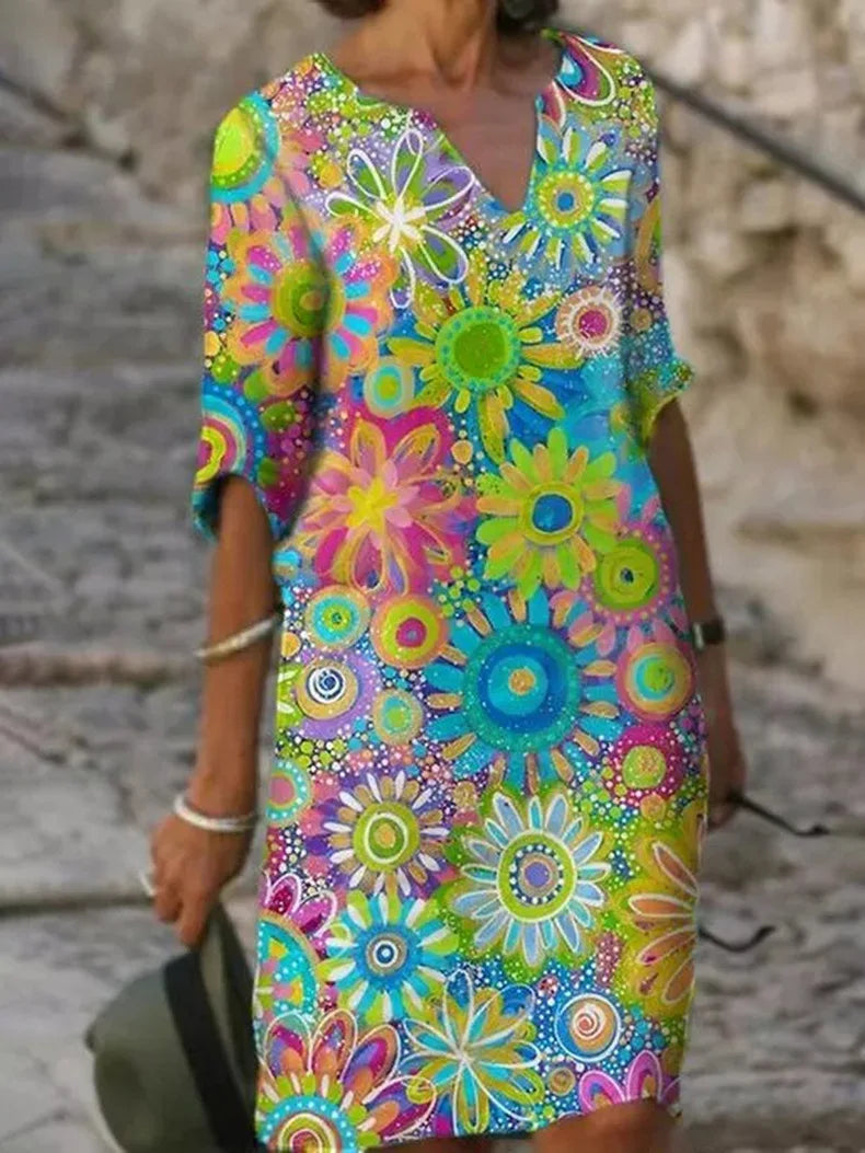 Baumwoll-Blumenkleid Damen V-Ausschnitt