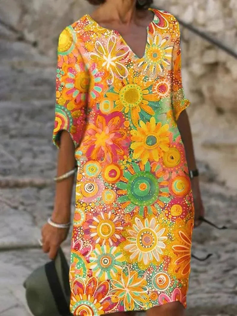 Baumwoll-Blumenkleid Damen V-Ausschnitt