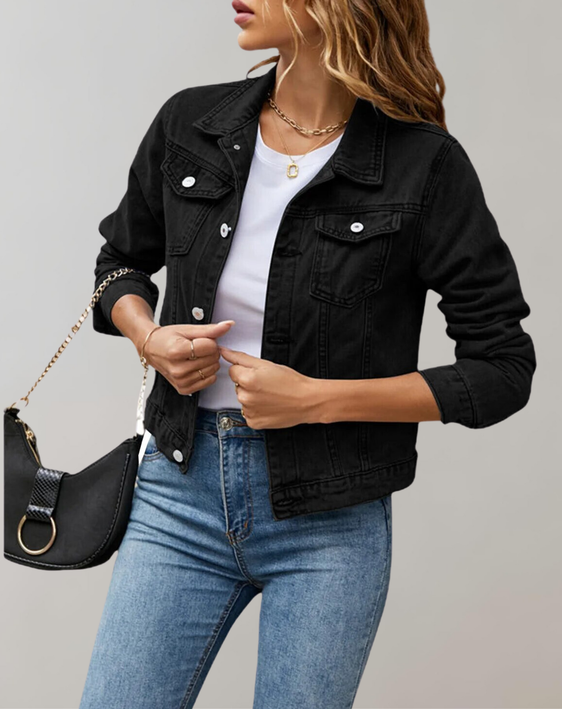 Lässige Denim Jacke mit Revers und Langarm