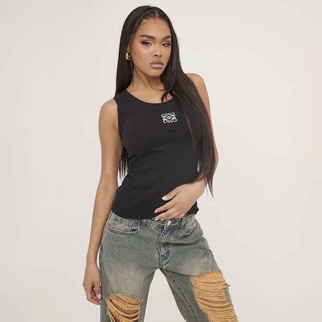 Geripptes Tanktop mit zarter Stickerei