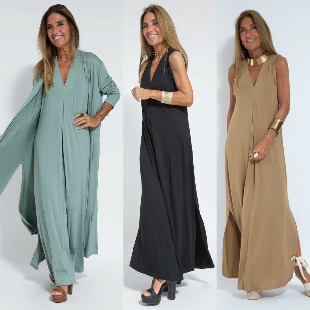 Langes Kleid mit Weste - Schlankmachendes Set