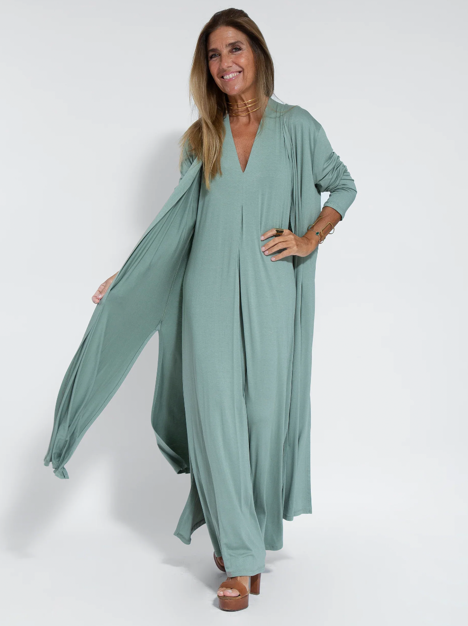 Langes Kleid mit Weste - Schlankmachendes Set