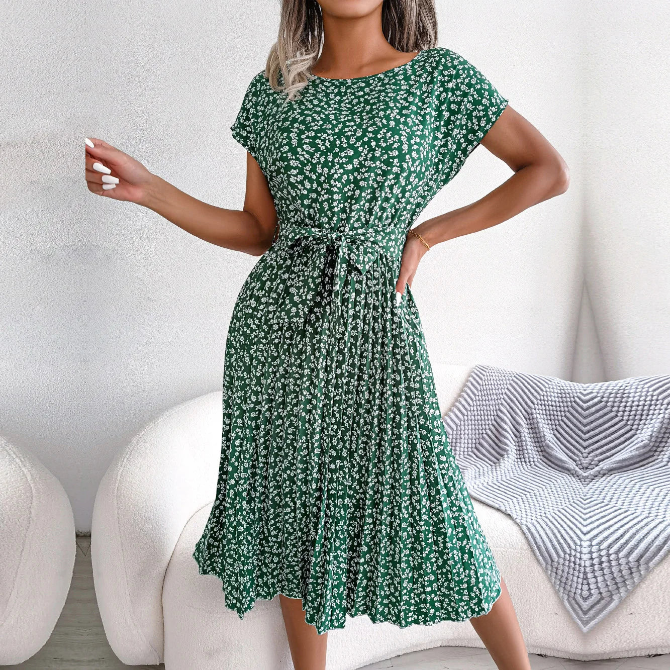 Sommerkleid Chiffon Blumenmuster A-Linie Kurzarm
