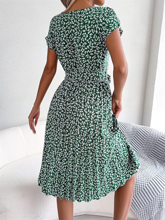 Sommerkleid Chiffon Blumenmuster A-Linie Kurzarm