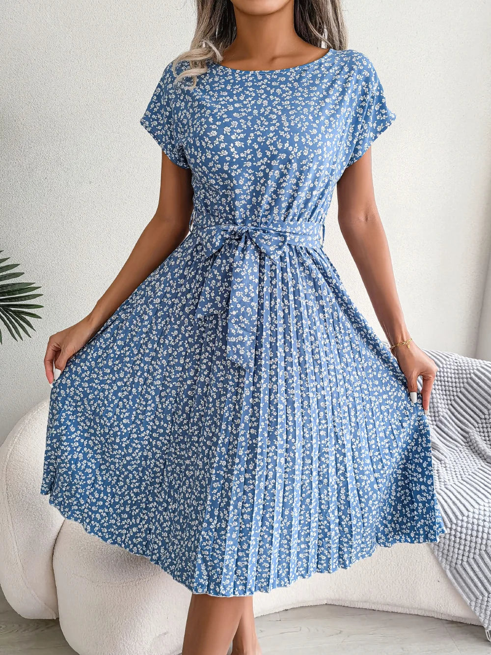Sommerkleid Chiffon Blumenmuster A-Linie Kurzarm