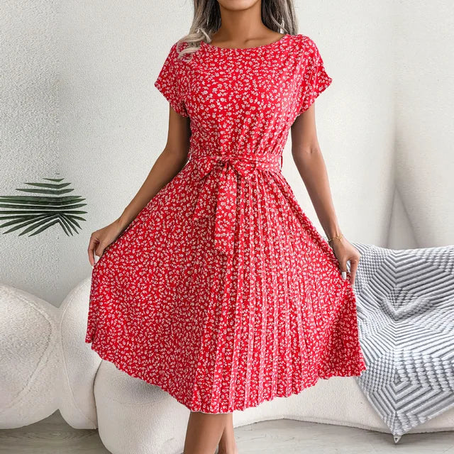 Sommerkleid Chiffon Blumenmuster A-Linie Kurzarm