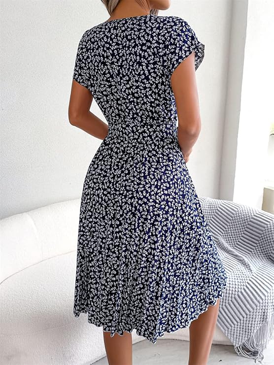 Sommerkleid Chiffon Blumenmuster A-Linie Kurzarm