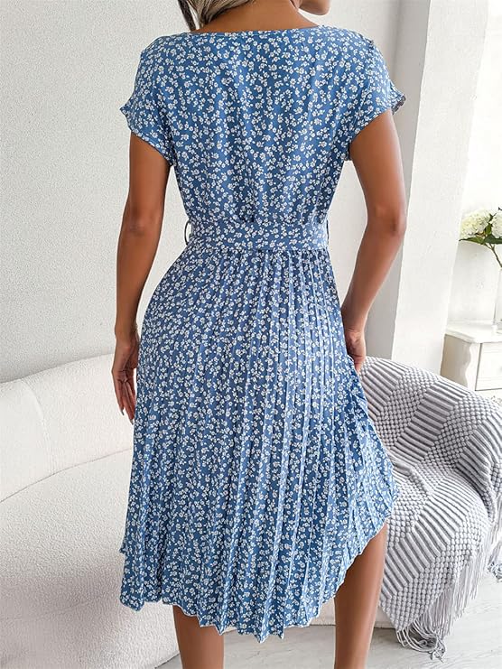 Sommerkleid Chiffon Blumenmuster A-Linie Kurzarm