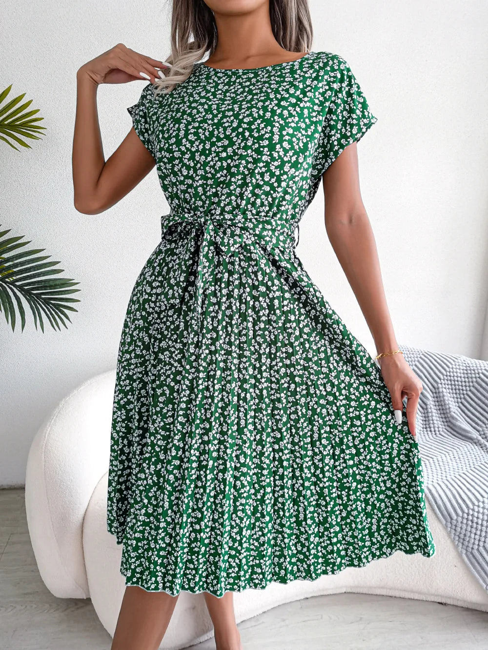 Sommerkleid Chiffon Blumenmuster A-Linie Kurzarm