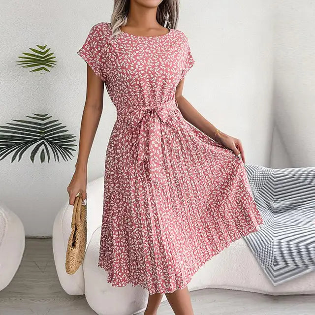 Sommerkleid Chiffon Blumenmuster A-Linie Kurzarm