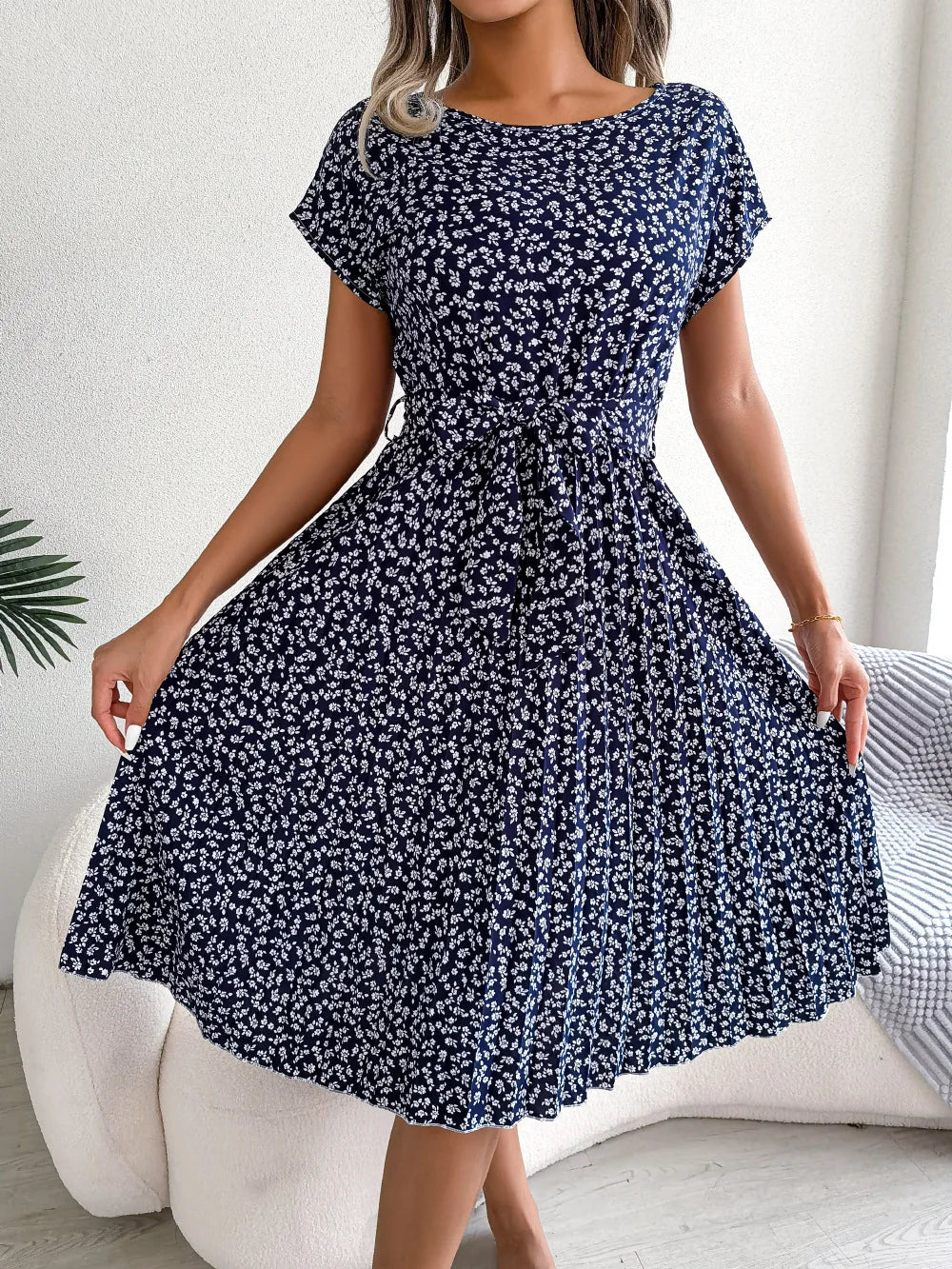 Sommerkleid Chiffon Blumenmuster A-Linie Kurzarm