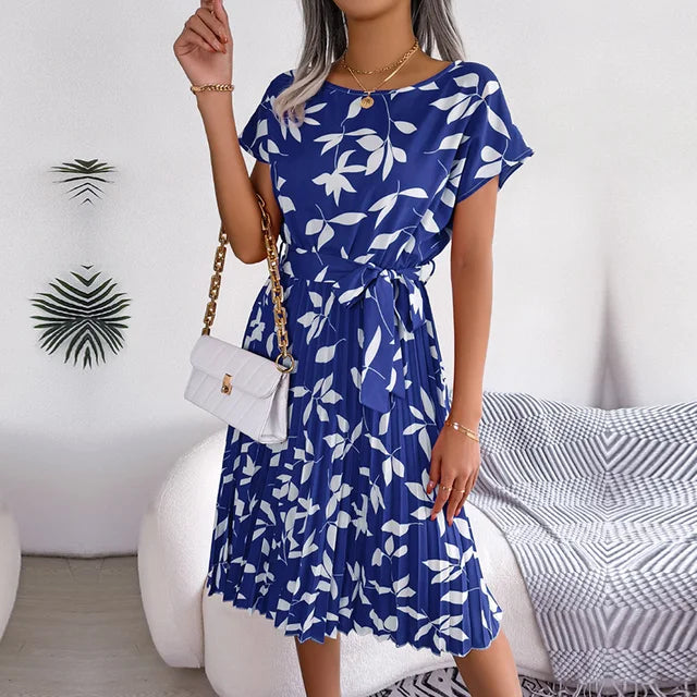 Sommerkleid Chiffon Blumenmuster A-Linie Kurzarm