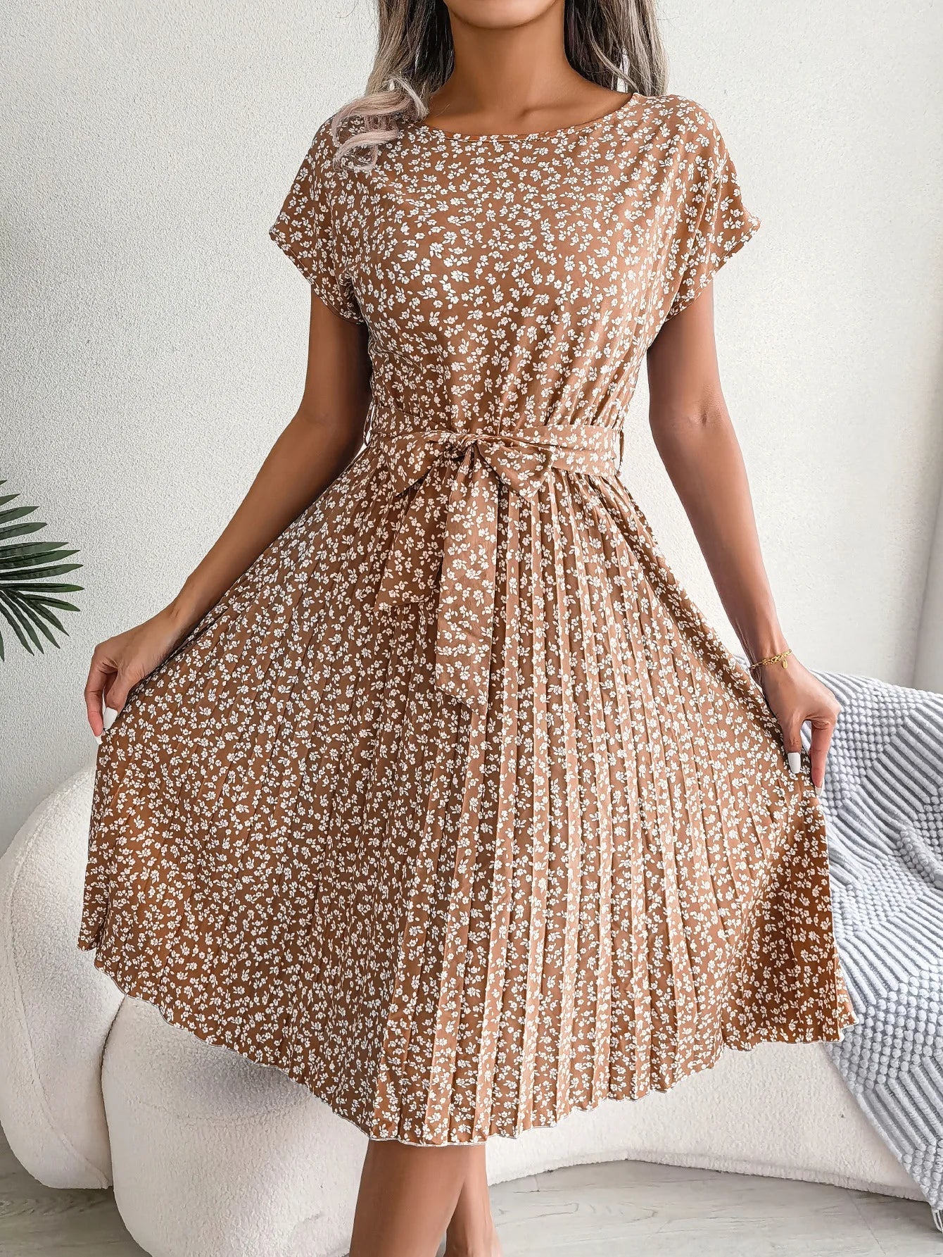 Sommerkleid Chiffon Blumenmuster A-Linie Kurzarm