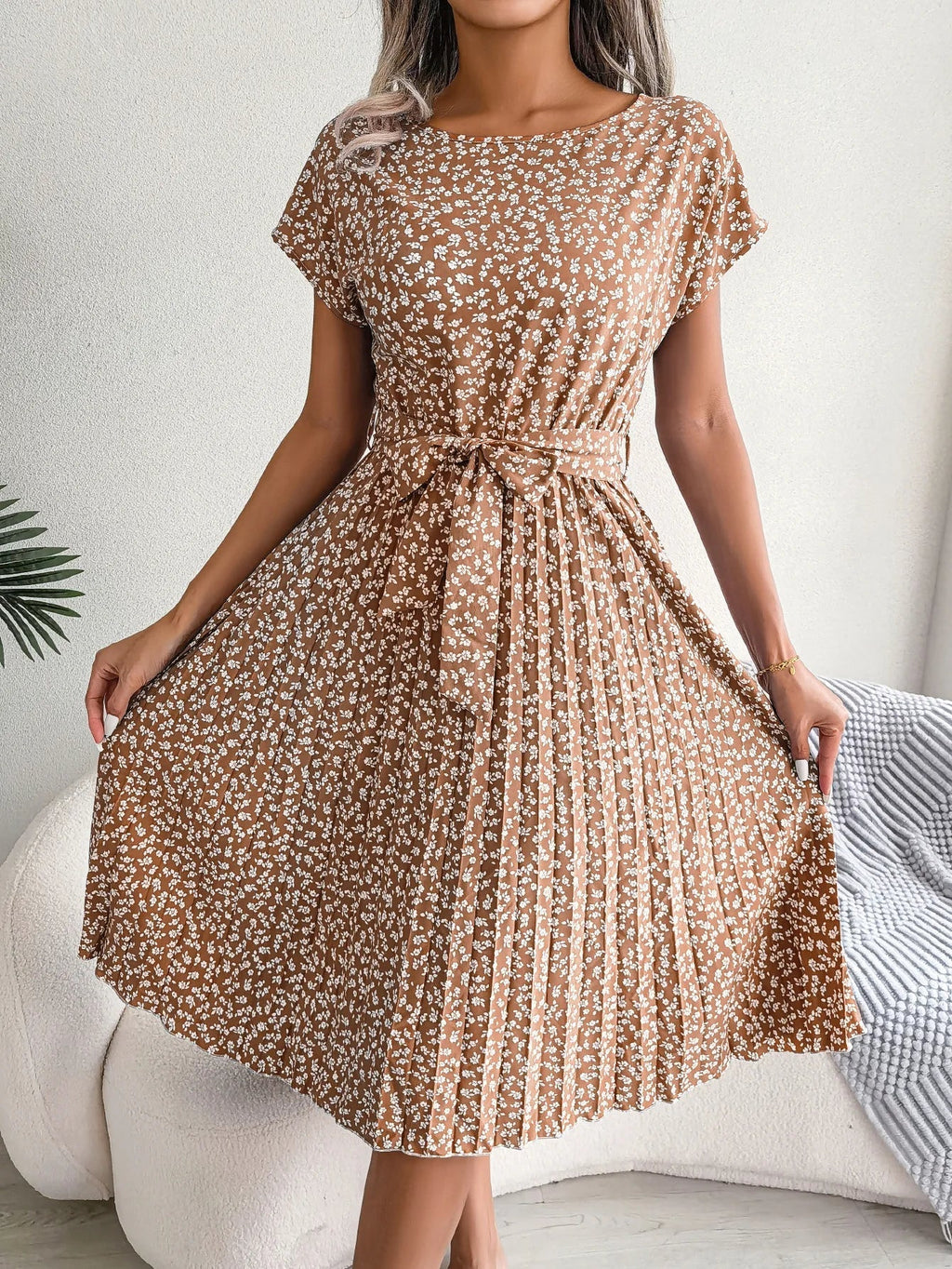 Sommerkleid Chiffon Blumenmuster A-Linie Kurzarm