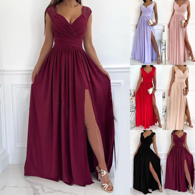 Damen Abendkleid V-Ausschnitt Rüschendetails