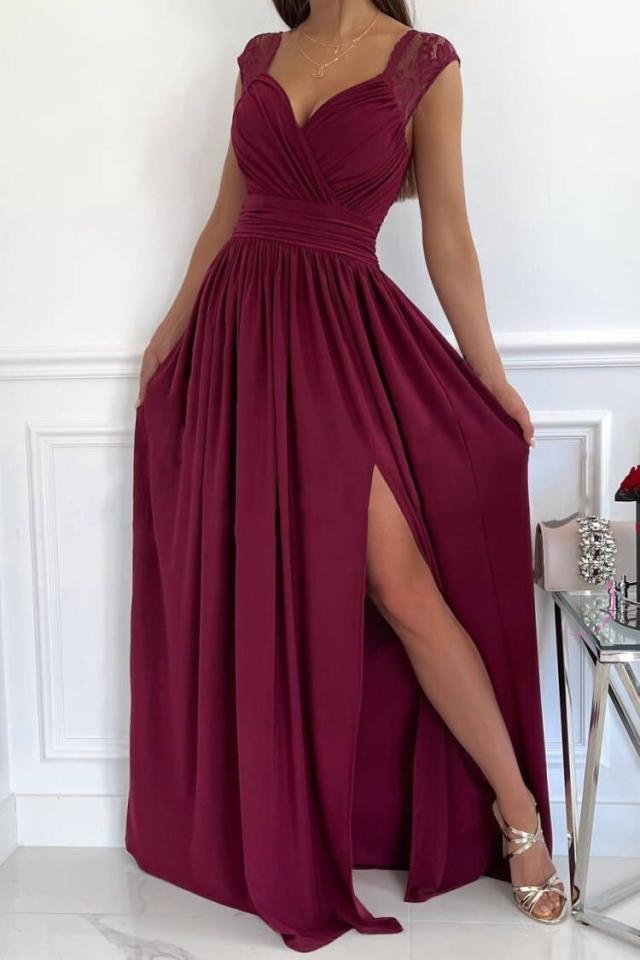 Damen Abendkleid V-Ausschnitt Rüschendetails