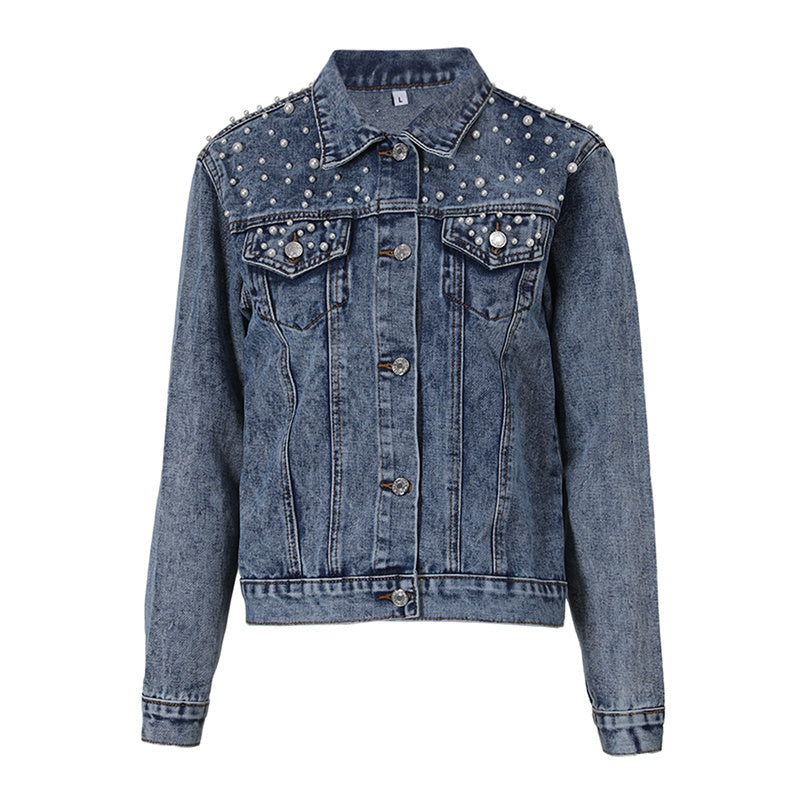 Jeansjacke mit Perlenverzierung