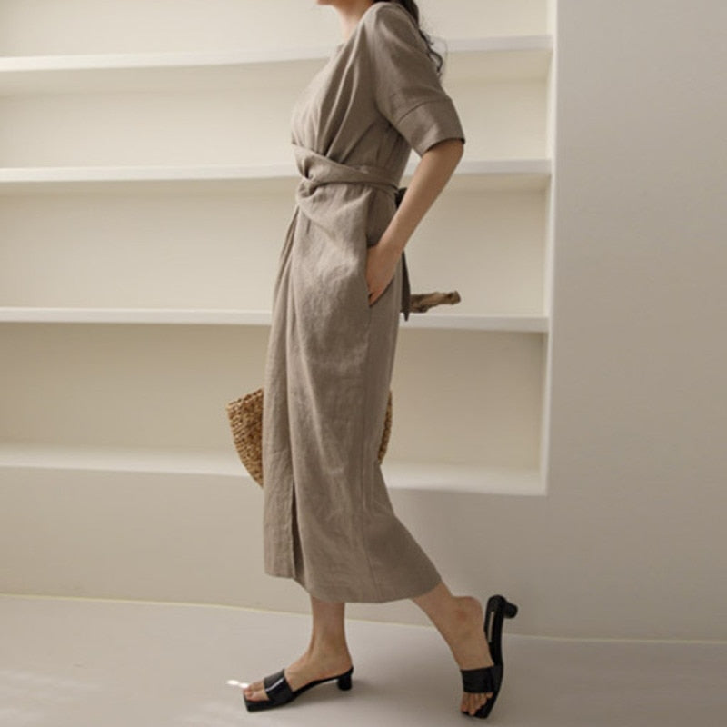 Khaki Leinen Maxikleid mit V-Ausschnitt und Langarm