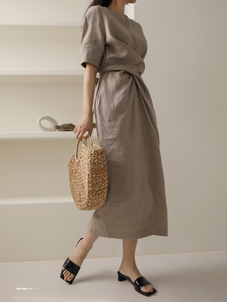 Khaki Leinen Maxikleid mit V-Ausschnitt und Langarm