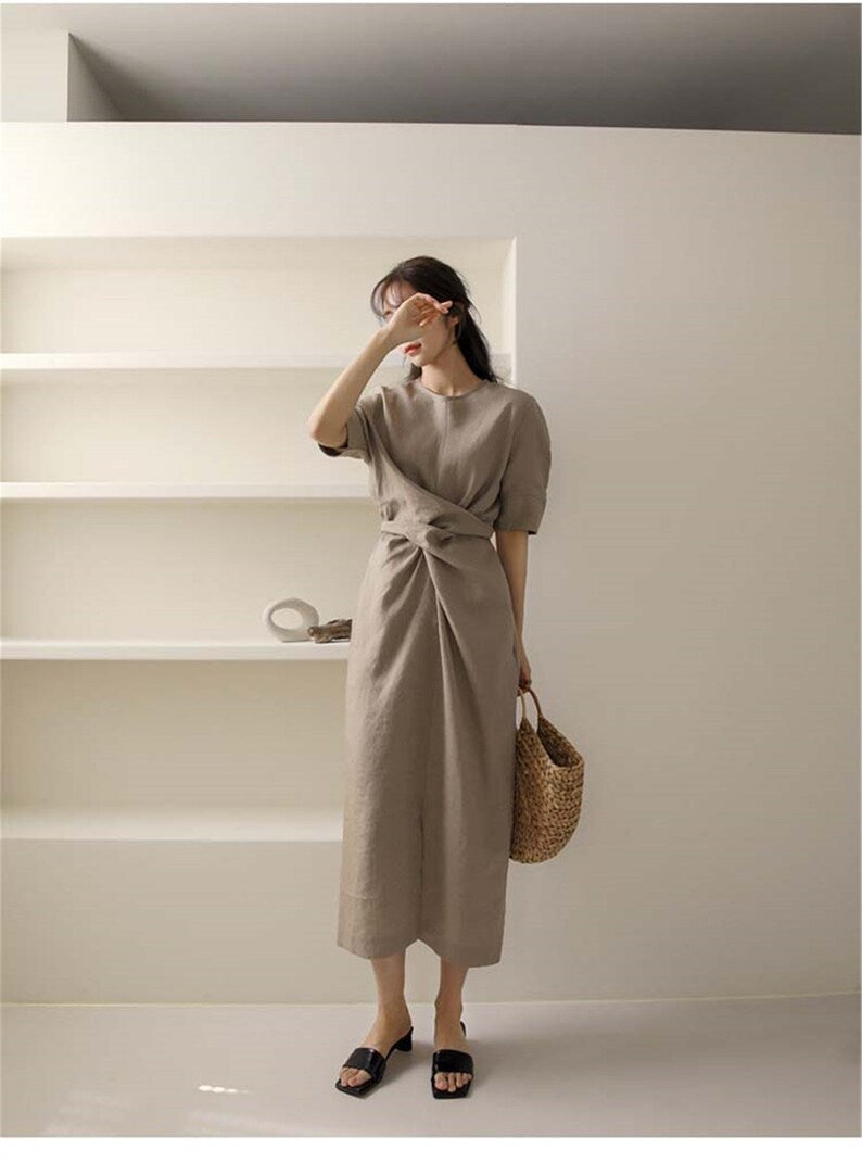 Khaki Leinen Maxikleid mit V-Ausschnitt und Langarm