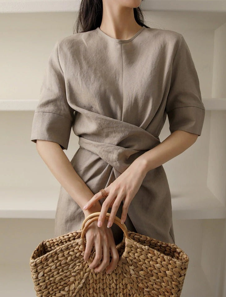 Khaki Leinen Maxikleid mit V-Ausschnitt und Langarm