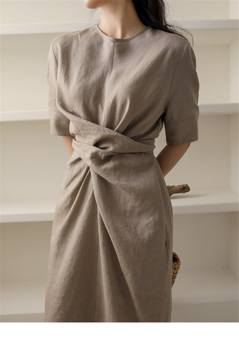 Khaki Leinen Maxikleid mit V-Ausschnitt und Langarm