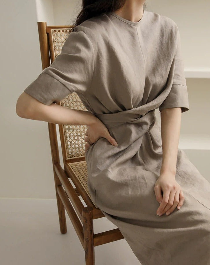 Khaki Leinen Maxikleid mit V-Ausschnitt und Langarm