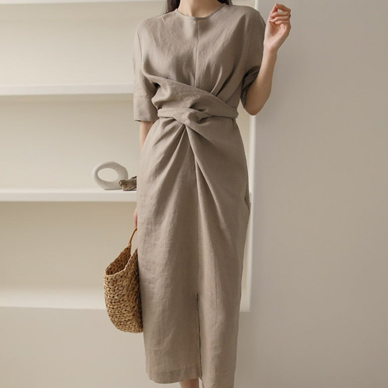 Khaki Leinen Maxikleid mit V-Ausschnitt und Langarm