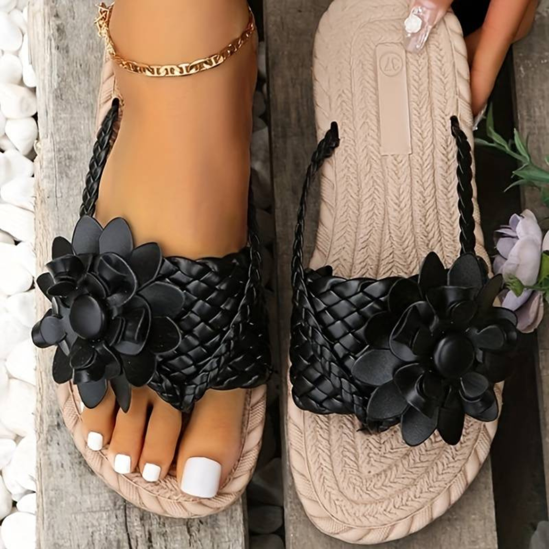 Damen Flip Flops mit geflochtenen Riemen und Blumenmuster