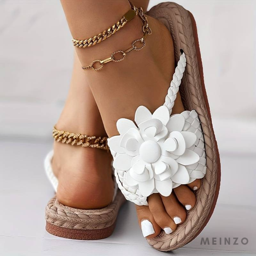 Damen Flip Flops mit geflochtenen Riemen und Blumenmuster