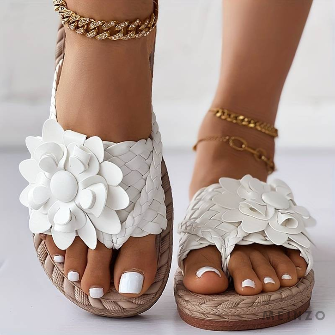 Damen Flip Flops mit geflochtenen Riemen und Blumenmuster