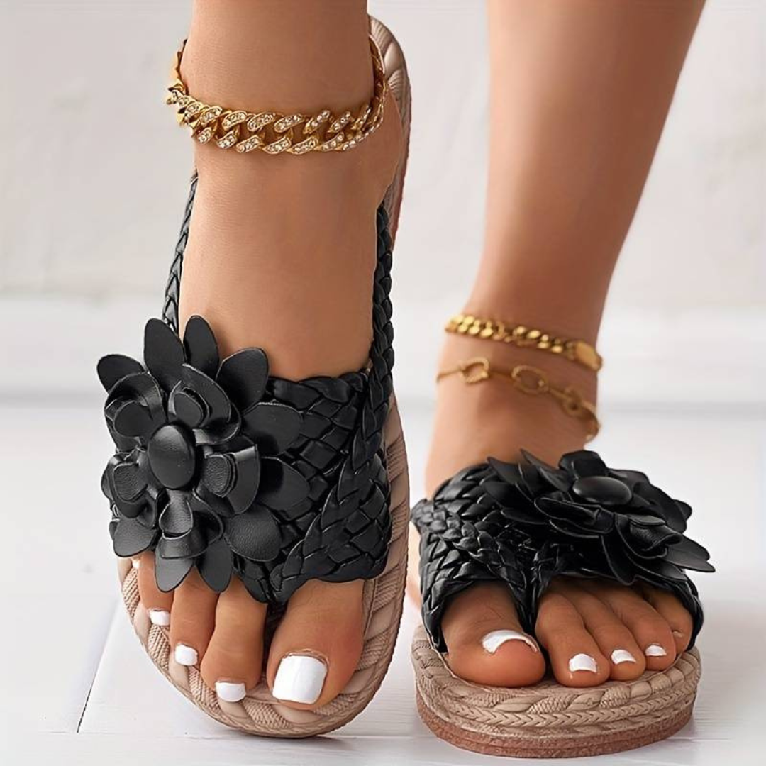 Damen Flip Flops mit geflochtenen Riemen und Blumenmuster