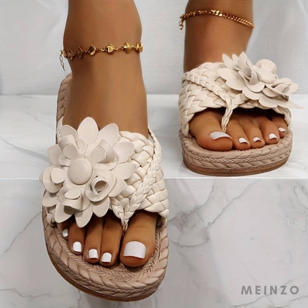 Damen Flip Flops mit geflochtenen Riemen und Blumenmuster