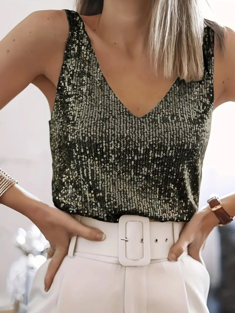 Damen Glitzer Pailletten Top - Ärmelloses V-Ausschnitt Shirt