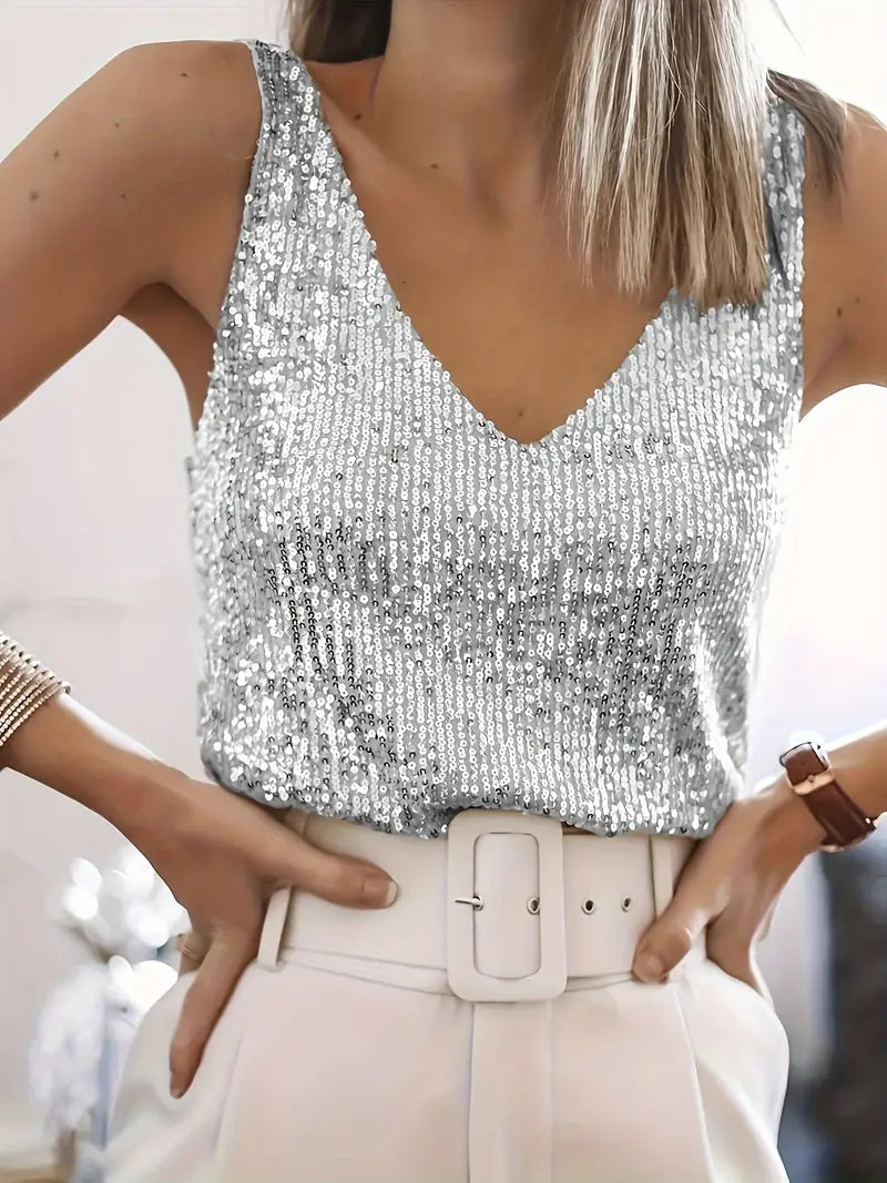 Damen Glitzer Pailletten Top - Ärmelloses V-Ausschnitt Shirt