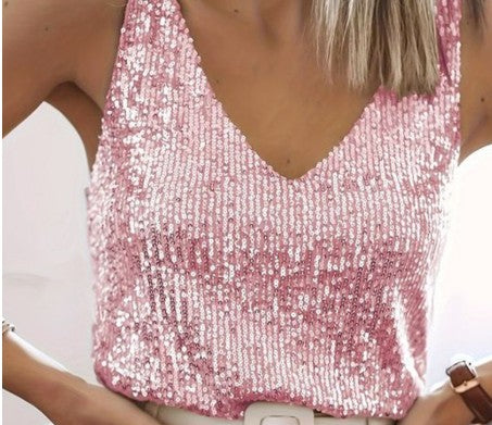 Damen Glitzer Pailletten Top - Ärmelloses V-Ausschnitt Shirt