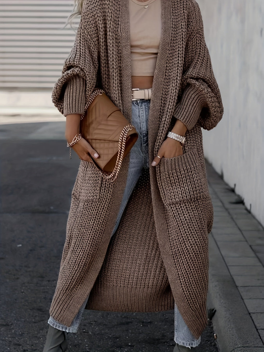 Damen Woll-Strickcardigan mit Taschen