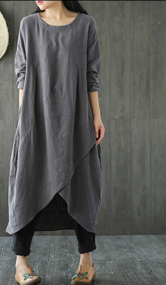 Langärmeliges Baumwoll-Midi-Kleid, unregelmäßiger Schnitt