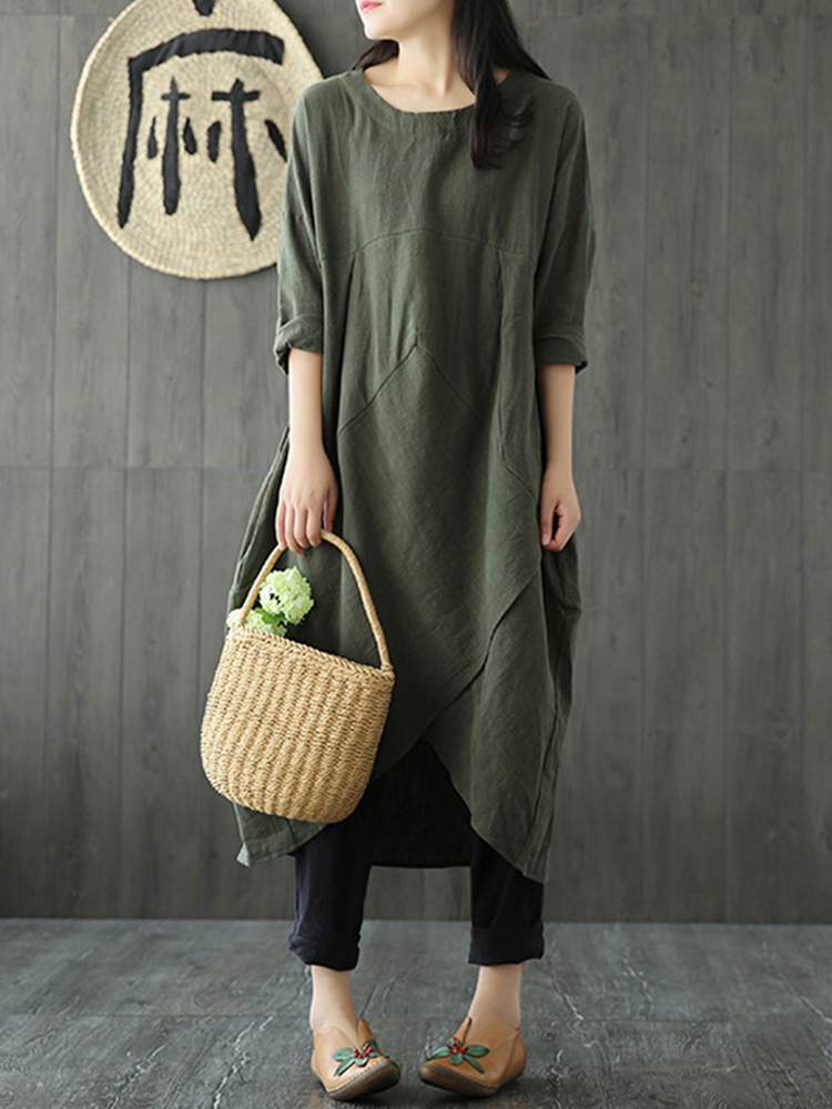 Langärmeliges Baumwoll-Midi-Kleid, unregelmäßiger Schnitt