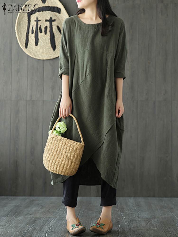 Langärmeliges Baumwoll-Midi-Kleid, unregelmäßiger Schnitt