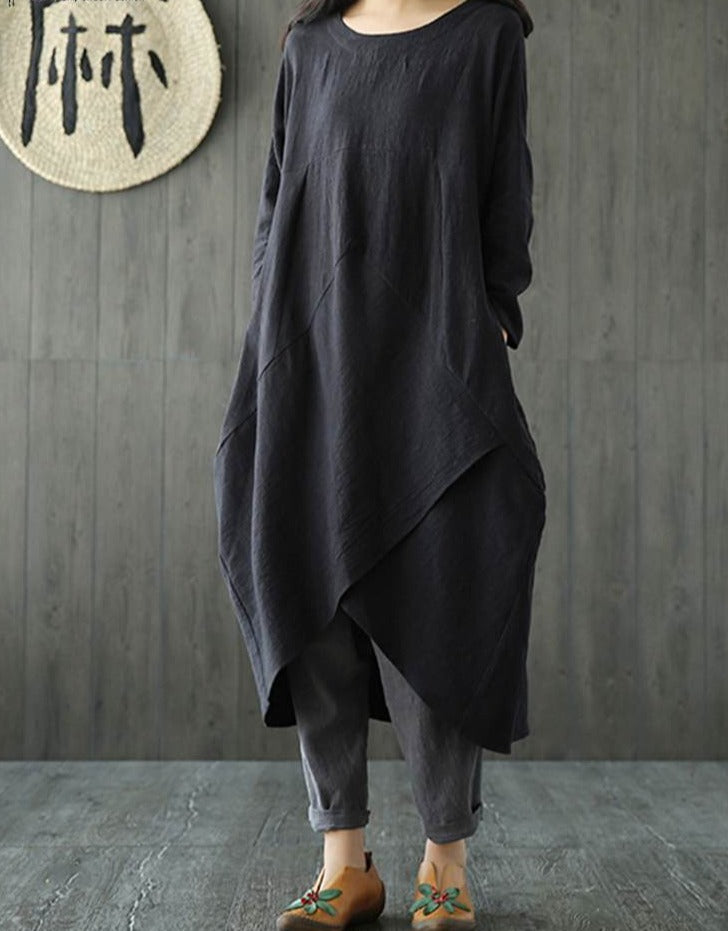 Langärmeliges Baumwoll-Midi-Kleid, unregelmäßiger Schnitt
